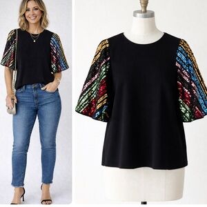 THML Black Ribbed Top Rainbow Sequin Flare Sleeves Girls Night Party Size Small